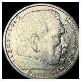 1938-A Germany Silver 5 Mark CLOSELY UNCIRCULATED