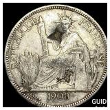 1908 French Indo-China Silver Trade Piastre NEARLY
