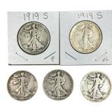 [5 Coins] 1919 Walking Liberty Half Dollar