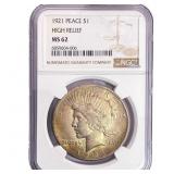 1921 Silver Peace Dollar NGC MS62 High Relief