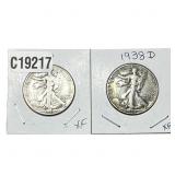 [2 Coins] 1938-D Walking Liberty Half Dollar