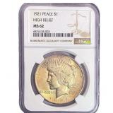 1921 Silver Peace Dollar NGC MS62 High Relief