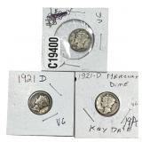 [3 Coins] 1921-D Mercury Silver Dime