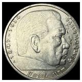 1938-A Germany Silver 5 Mark CLOSELY UNCIRCULATED