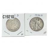 [2 Coins] 1938-D Walking Liberty Half Dollar