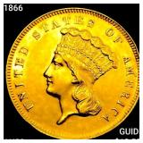 1866 $3 Gold Piece CHOICE AU+