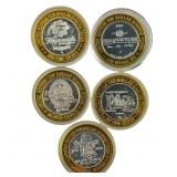 [5 Coins] .60oz Silver $10 Various Casino Tokens