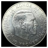 1972 Denmark .5247oz Silver 10 Kroner NEARLY UNCIR