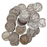 [50 Coins]Mixed Dates Silver Mercury Dime Roll