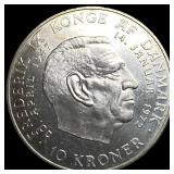 1972 Denmark .5247oz Silver 10 Kroner NEARLY UNCIR