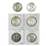 [6 Coins] 1919-D Walking Liberty Half Dollar