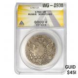 1763 Russia Silver 1 Ruble Scratched Details ANACS