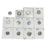[12 Coins]1827-1964 U.S. Silver Half Dime&Dime Lot