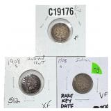 [3 Coins] 1908-S Indian Head Cent Rare Key Date
