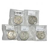 [5 Coins] 1916-1917 Walking Liberty Half Dollar