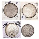 [4 Coins] 1896-1926 Morgan & Peace Silver Dollars