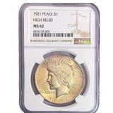 1921 Silver Peace Dollar NGC MS62 High Relief