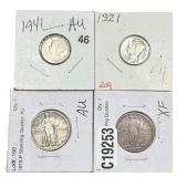 [4 Coins] 1917-1941 U.S. Silver 10C & 25C Lot