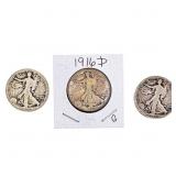 [3 Coins] 1916-D Walking Liberty Half Dollar