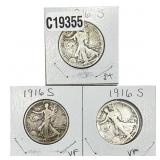 [3 Coins] 1916-S Walking Liberty Half Dollar