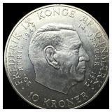 1972 Denmark .5247oz Silver 10 Kroner NEARLY UNCIR