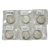[6 Coins] 1939-1943 Walking Liberty Half Dollar