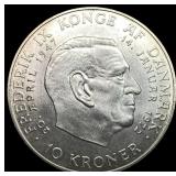 1972 Denmark .5247oz Silver 10 Kroner NEARLY UNCIR