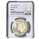 1921 Silver Peace Dollar NGC MS65 High Relief