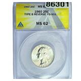 1960 Washington Silver Quarter ANACS MS62
