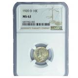 1920-D Mercury Silver Dime NGC MS62