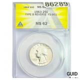 1963 Washington Silver Quarter ANACS MS62
