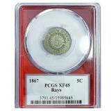 1867 Shield Nickel PCGS XF45 Rays