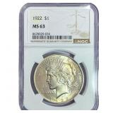 1922 Silver Peace Dollar NGC MS63
