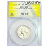 1963 Washington Silver Quarter ANACS MS62