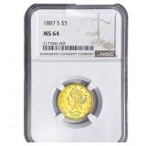 1887 $5 Gold Half Eagle NGC MS64