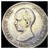 1891 Spain Silver 1 Peseta NEARLY UNCIRCULATED