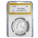 1947 Canada Silver Dollar PGA MS65 Maple Leaf