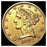1892 Liberty Head Half Eagle $5 Gold CLOSELY  UNC