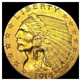1914-D Indian Head Gold $2.50 Quarter Eagle  CLOS