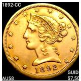 1892-CC $5 Gold Half Eagle CHOICE AU