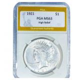 1921 Silver Peace Dollar PGA MS63 High Relief