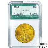 1908 $20 Gold Double Eagle NTC AU55 No Motto