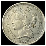 1874 Nickel Three-Cent Piece CHOICE AU