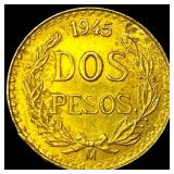 1945 Mexico Gold 2 Pesos .0482oz CHOICE BU