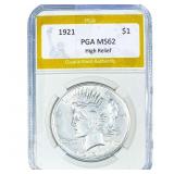 1921 Silver Peace Dollar PGA MS62 High Relief