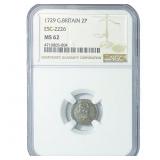 1729 Great Britain Silver 2 Pence NGC MS62