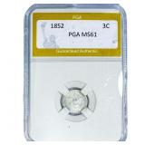 1852 Silver Three Cent PGA MS61