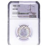 1858 Seated Liberty Quarter NGC MS64