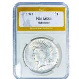 1921 Silver Peace Dollar PGA MS64 High Relief