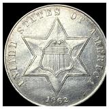 1862 Silver Three-Cent Piece CLOSELY  UNCIRCULATE